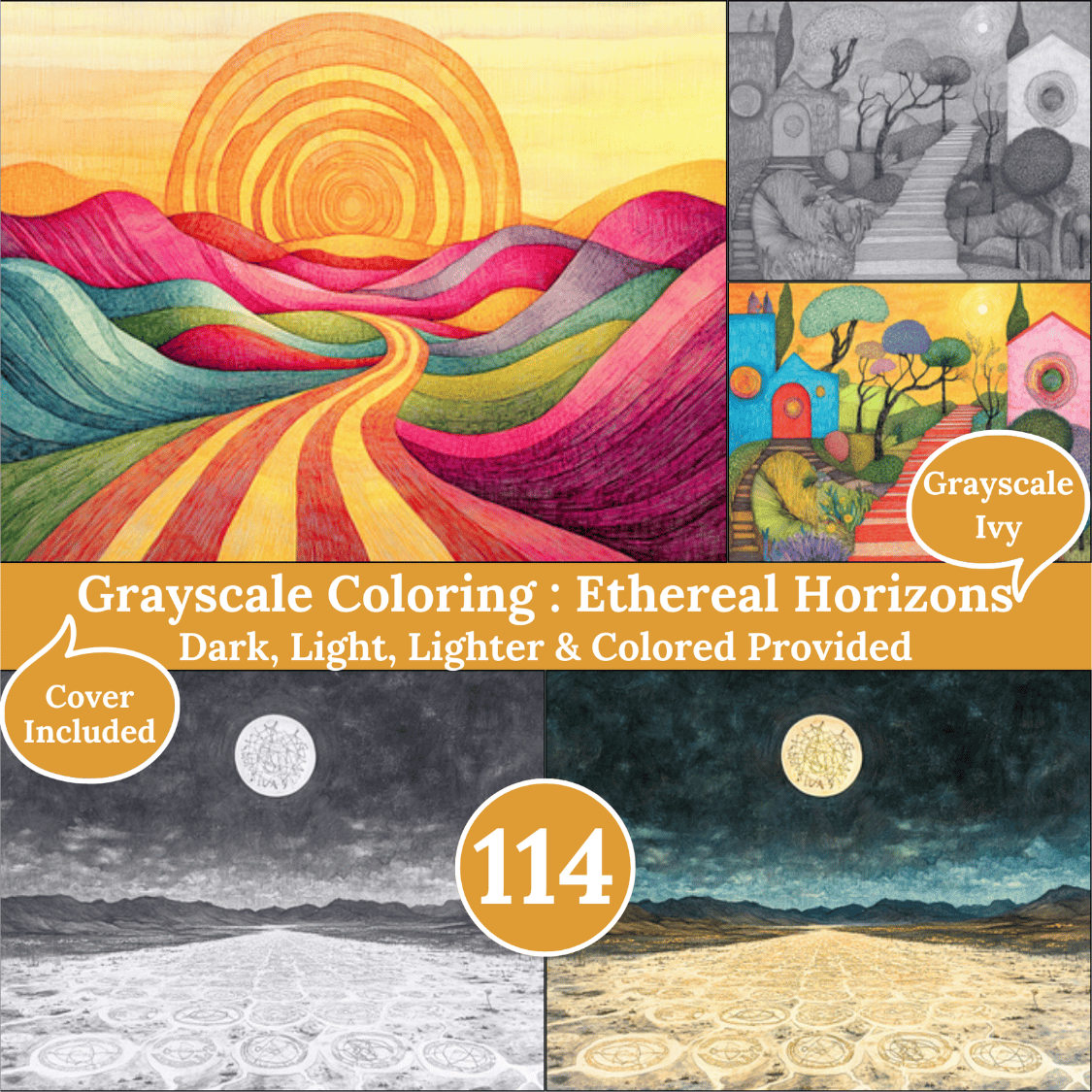 Ethereal Horizons, 114 Grayscale Drawings, Dark Light Lighter and Colored Versions,  Digital Art Sheets, Whimsical Landscapes