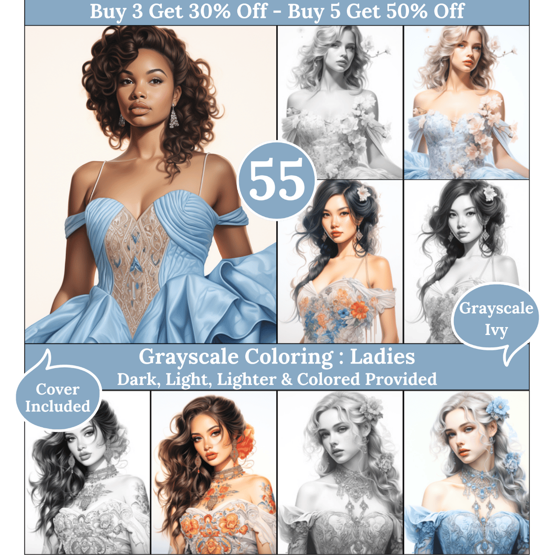 Ladies, 55 Coloring Pages, Grayscale Drawings, Dark Light Lighter and Colored Versions,  Digital Art Sheets, Woman in prom dresses