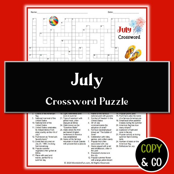 July Crossword Puzzle Printable PDF – Summer & Patriotic Activity for