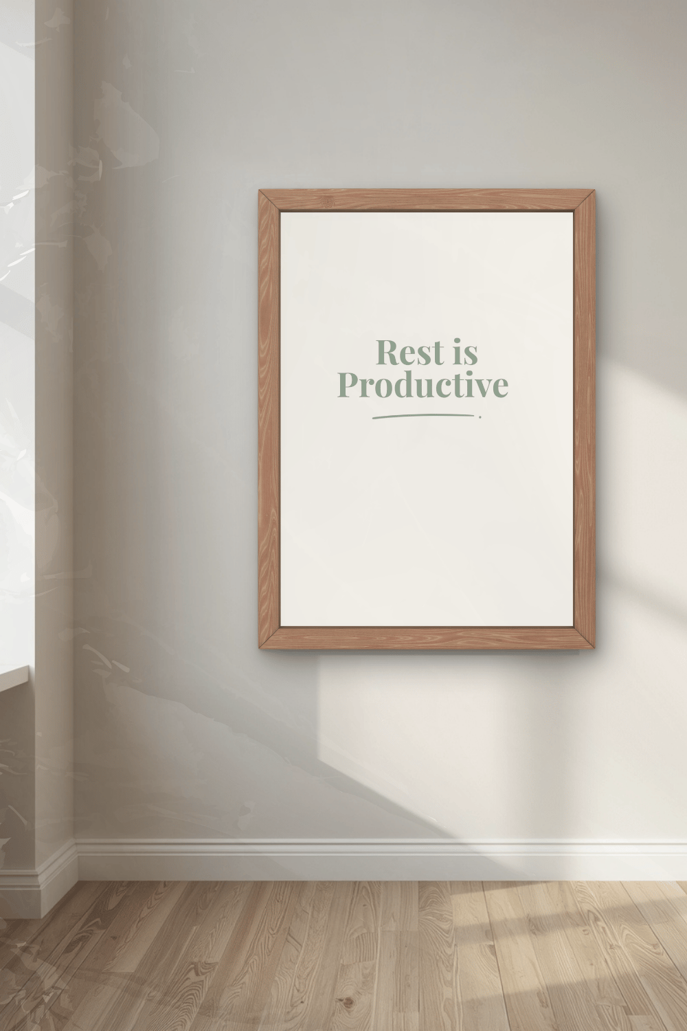 Minimalist sage green printable wall art Rest is Productive in neutral Scandinavian interior with natural light, digital download printable wall art