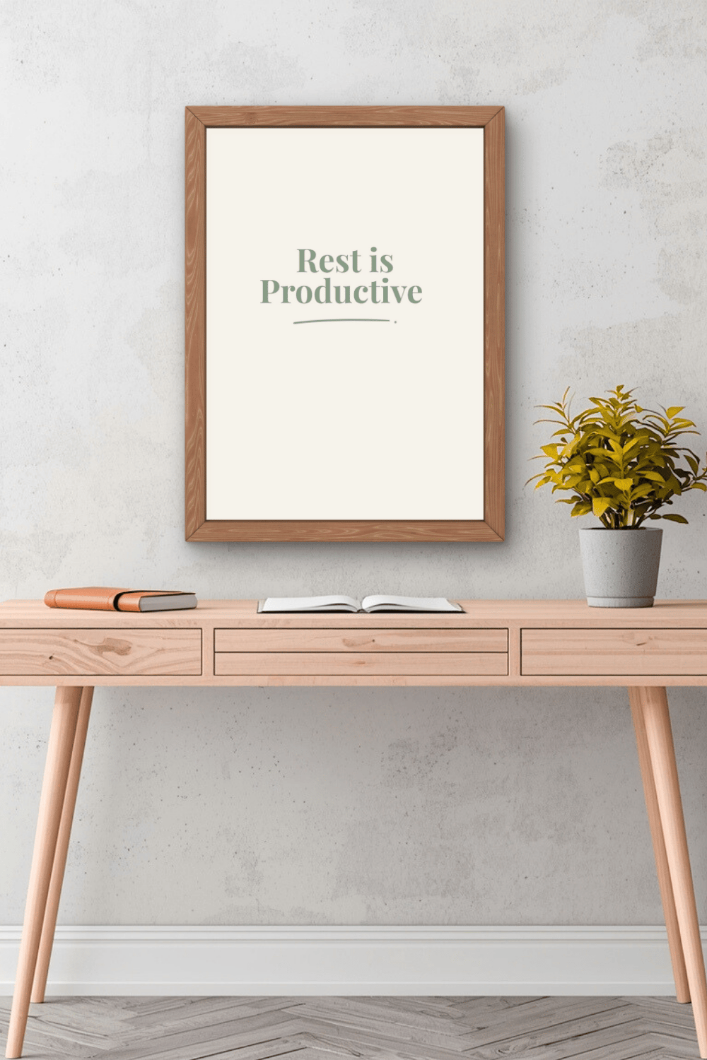 Sage green printable quote wall art in home office workspace minimalist desk decor