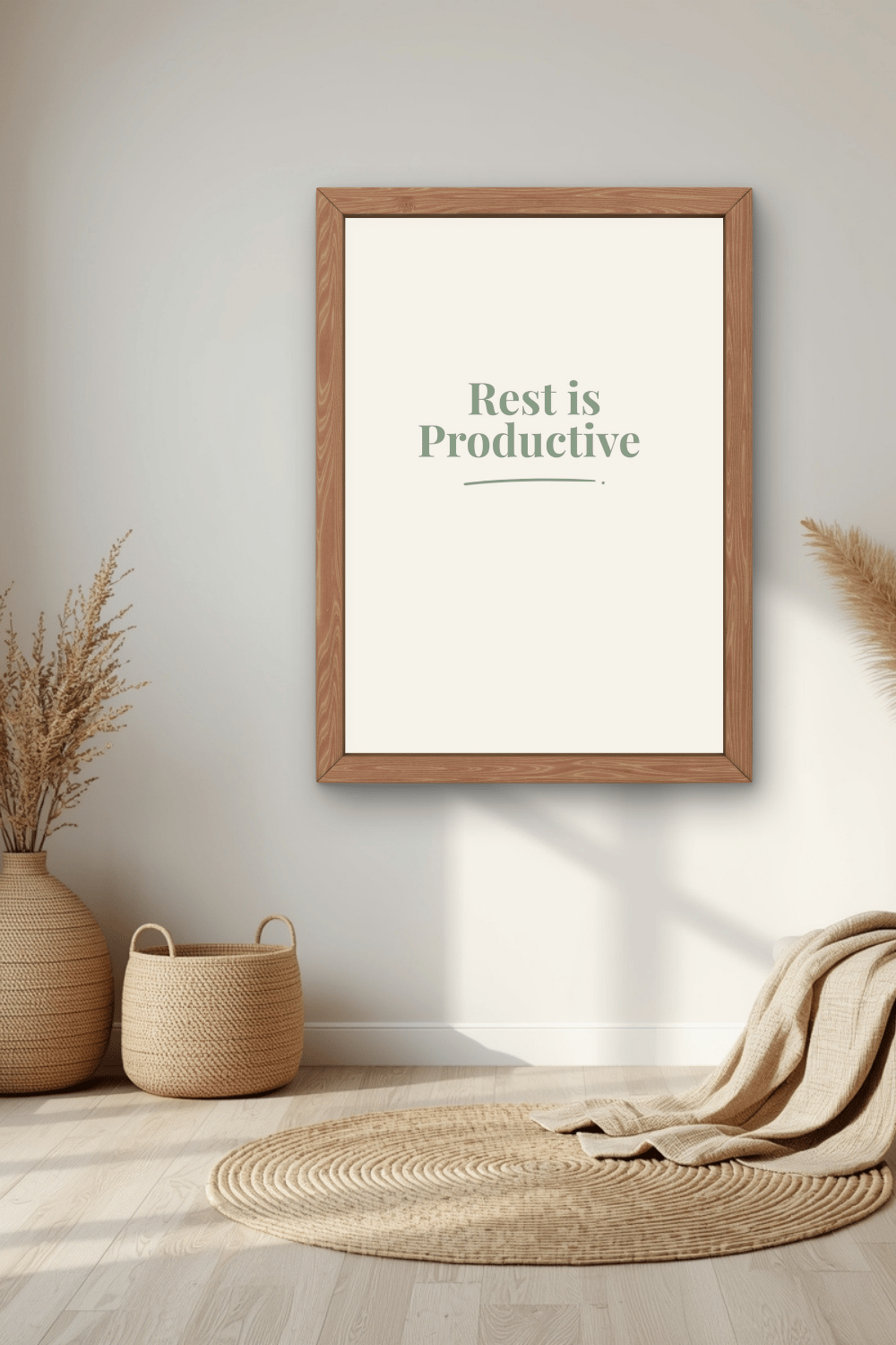 Minimalist affirmation wall art Rest is Productive in cozy neutral reading corner interior, digital download printable wall art