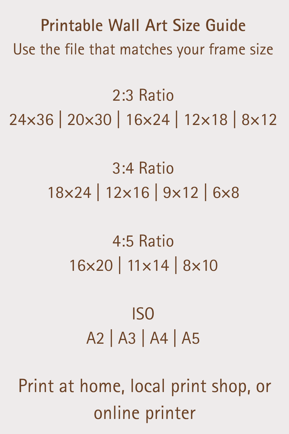 Printable wall art size guide ratios and dimensions for digital download poster sizes