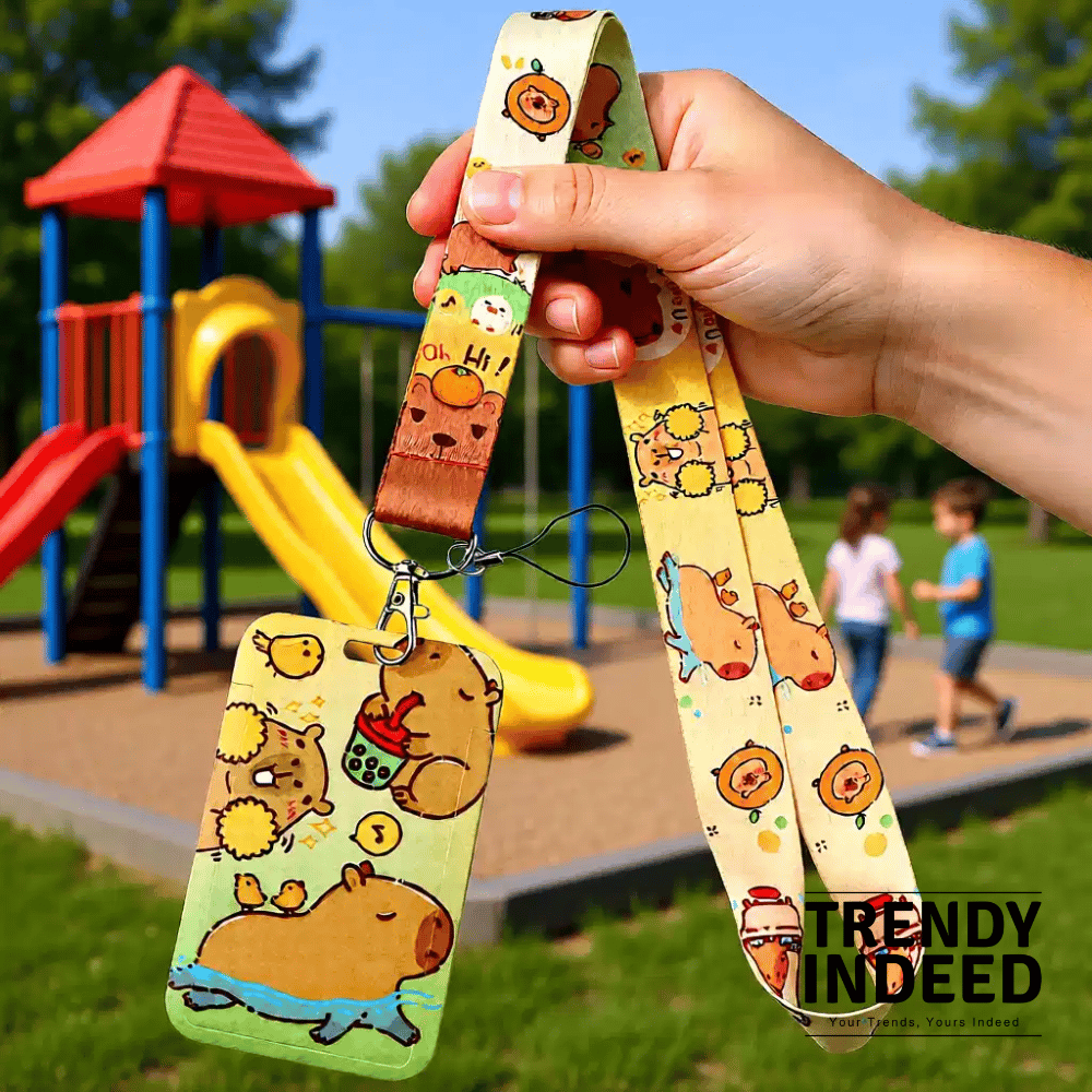 Cute capybara lanyard with card holder and metal clip