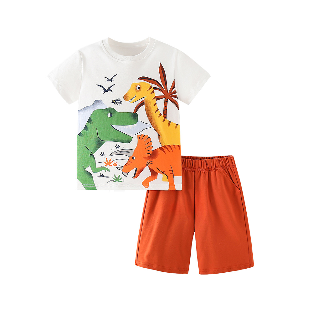 Two-piece kids outfit dinosaur print tee and elastic waist shorts