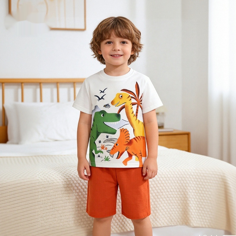 Kids summer wear dinosaur cartoon outfit with orange shorts