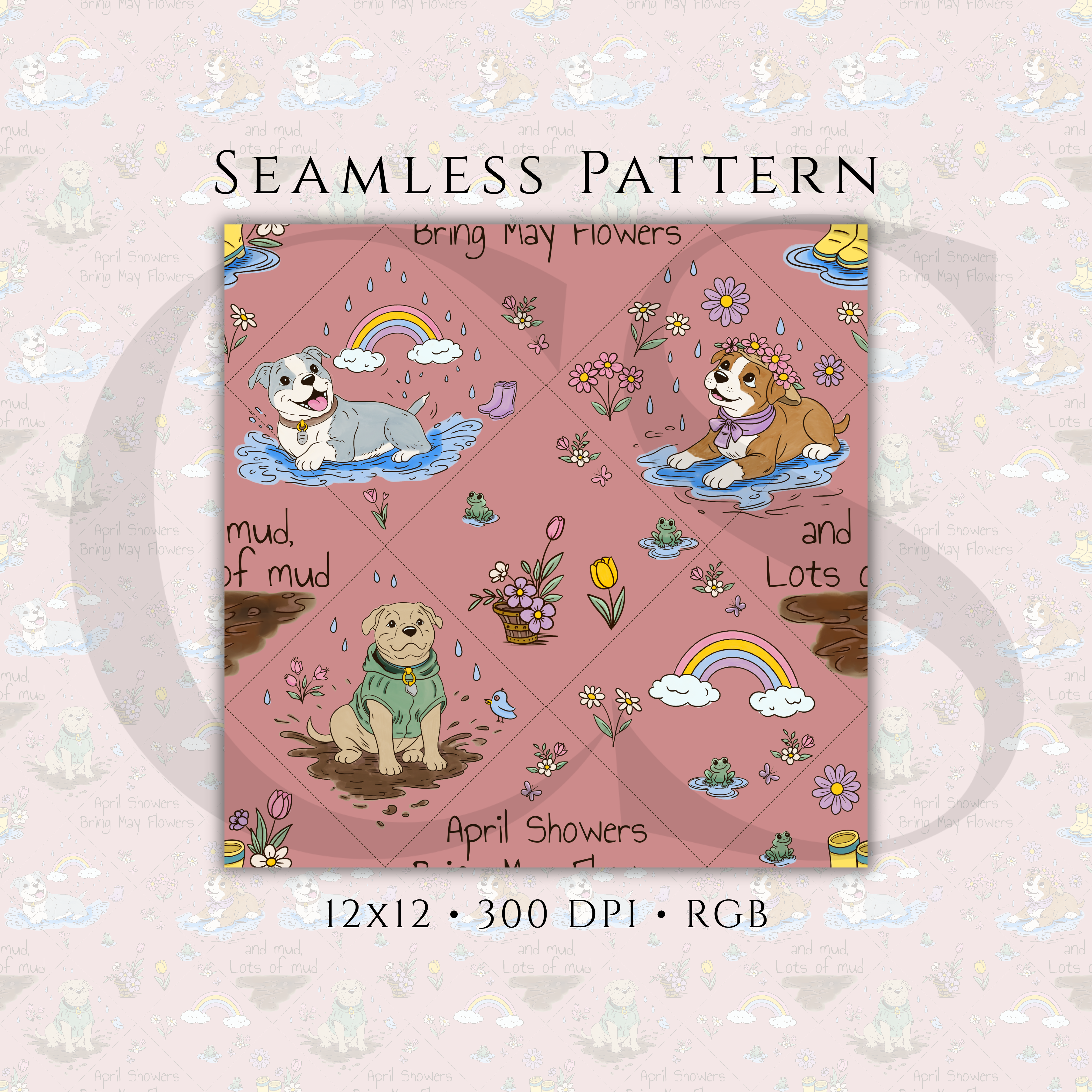 Pitbull Spring Seamless Pattern, April Showers Rainbow Floral (PNG ...