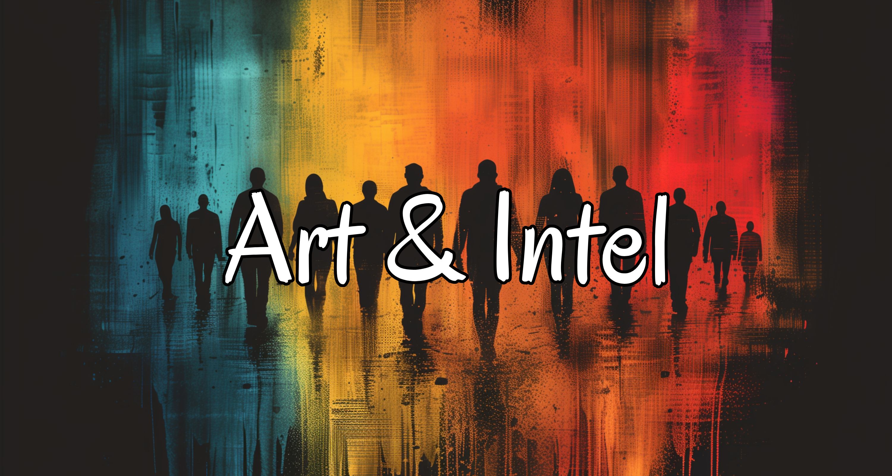 Art & Intel progressive rock music art. Silhouette of a dozen people, a spectrum of colours in the background.