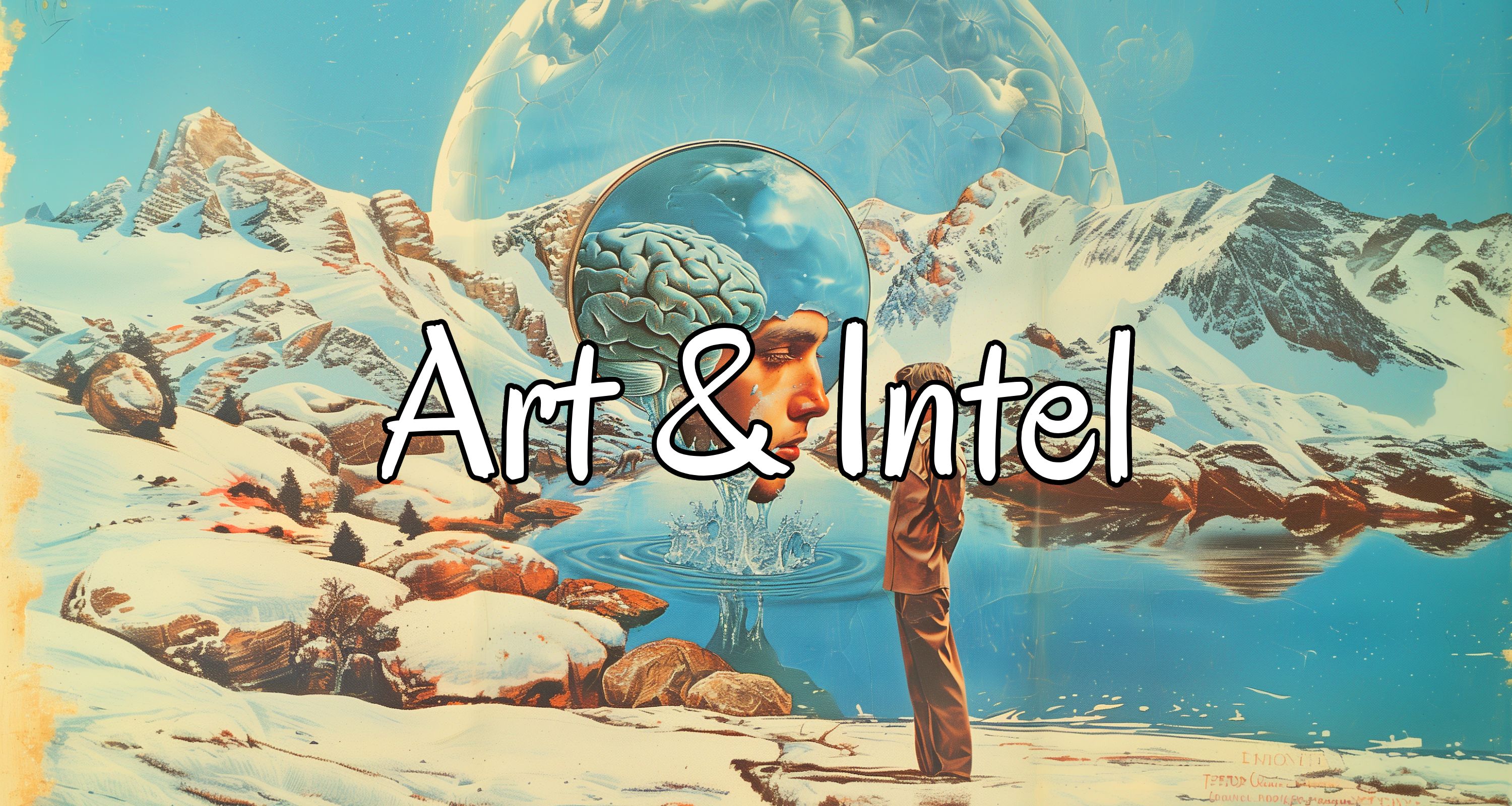Art & Intel progressive rock music art. Surrealistic image of an icy lake. A floating head with a visible brain is floating in front of a young man.