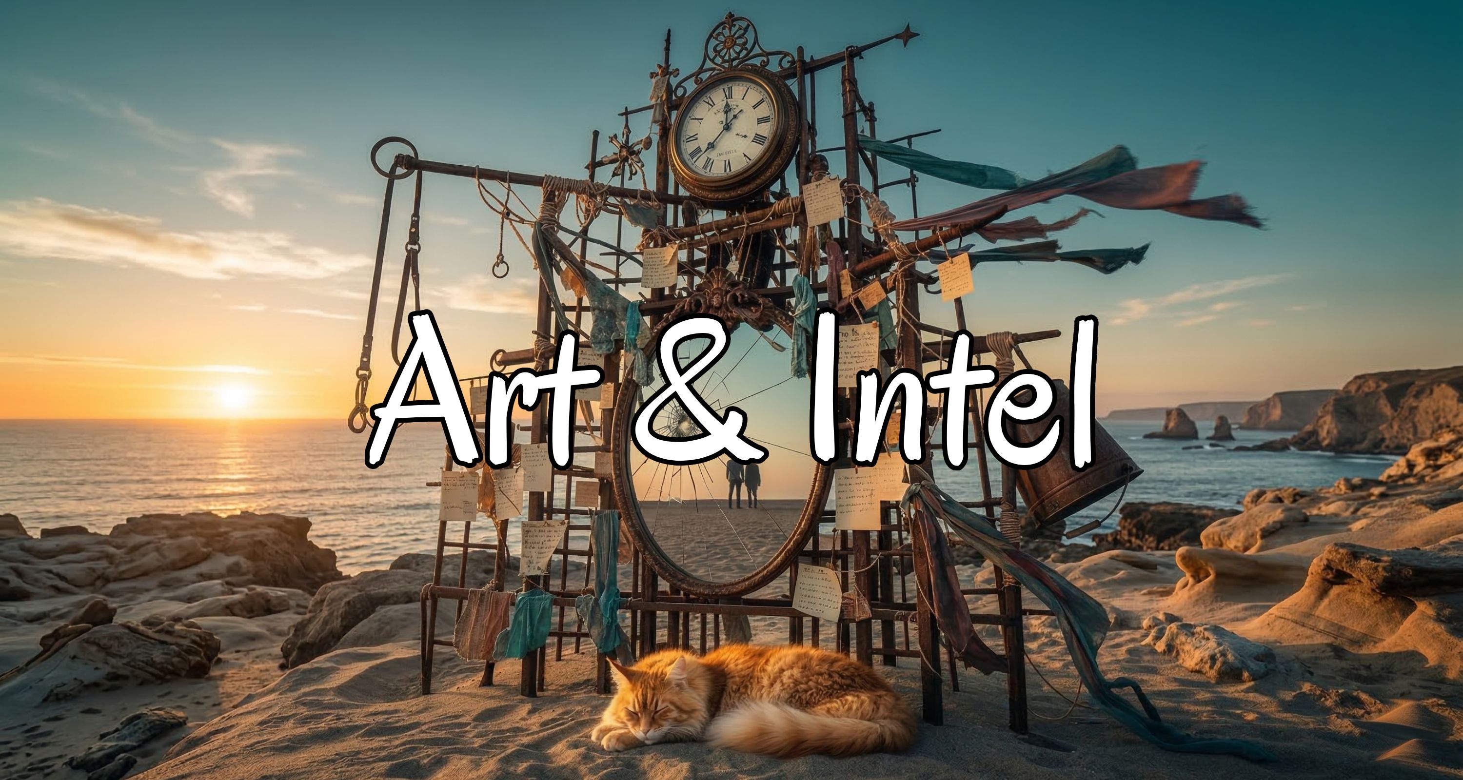 Art & Intel progressive rock music art. Photo of a rocky beach with a complex wooden sculpture containing a clock, several rags and a broken mirror, with two people in the reflection. An orange Maine Coone cat lying in front of the sculpture.