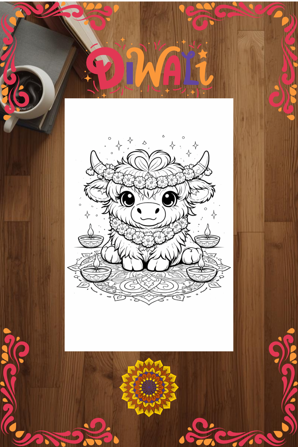 Bella Moo baby highland cow sitting with big eyes, fluffy fur, wearing marigold garland, surrounded by small glowing diya lamps on a simple rangoli pattern, black and white line art coloring page for kids and adults, cozy festive Diwali activity”