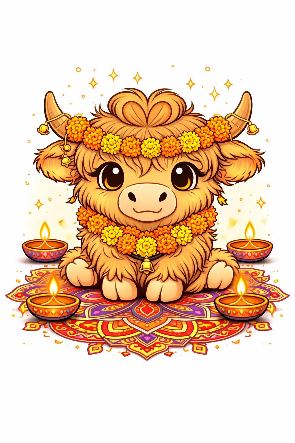 🪔✨ Brighten your Diwali with Bella Moo in full color! This adorable highland cow sits surrounded by glowing lamps and a vibrant rangoli, perfect for festive prints, digital displays, or cozy holiday fun. Download today and celebrate the Festival of Lights
