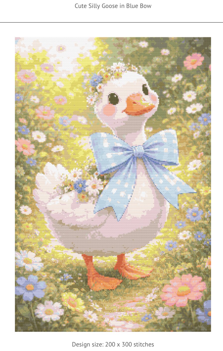 cottagecore goose with flowers cross stitch 	whimsical goose art cross stitch design