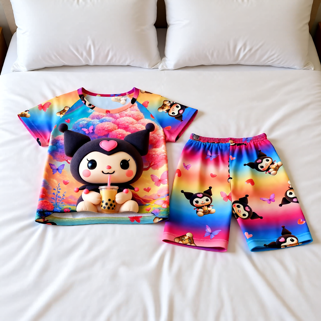Cute Cartoon Character Kids Clothing Set | Short Sleeve Top and Shorts Matching Outfit for Girls