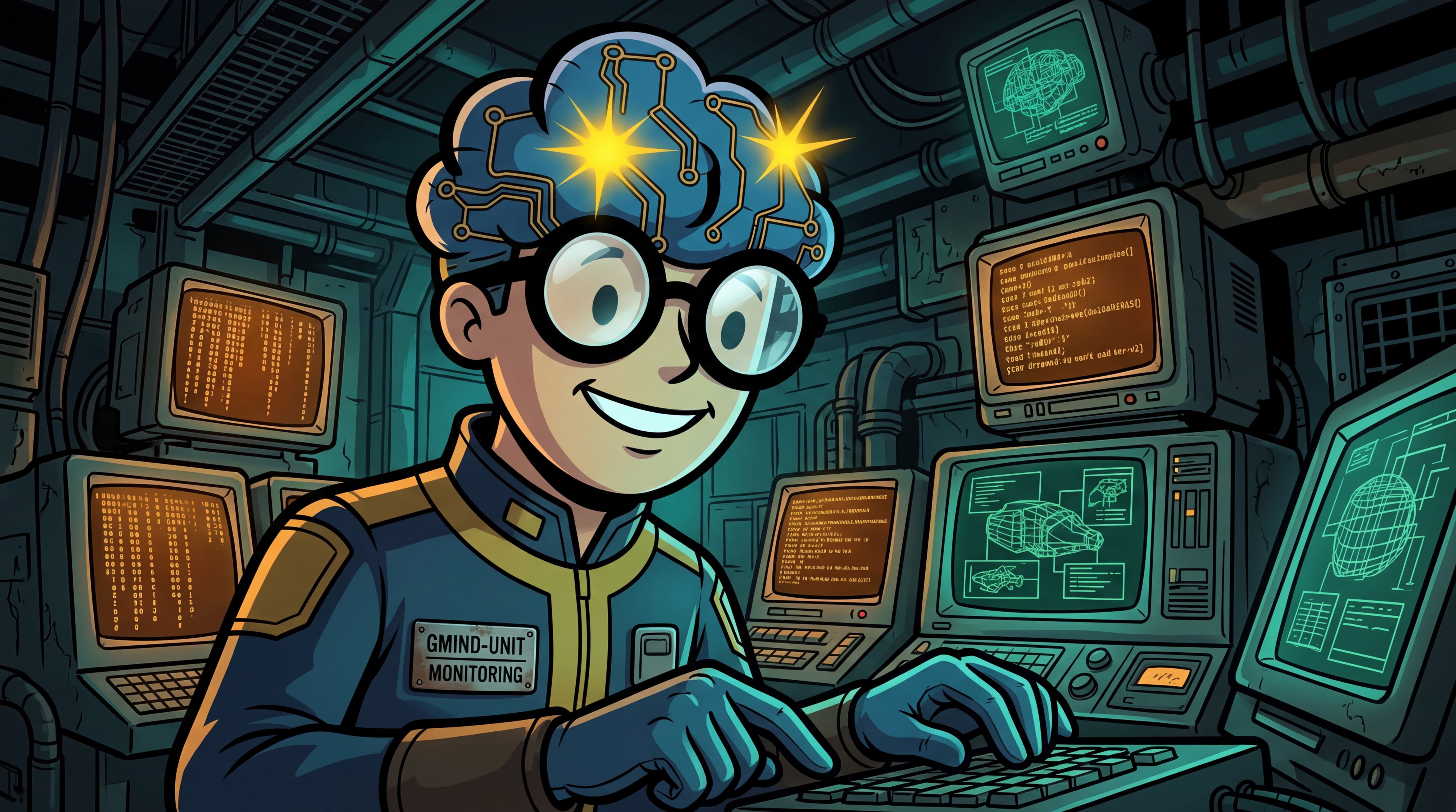 Arrière-plan de la section Newsletter Payhip : GMIND-BOY, l'unité de surveillance de l'Abri GMIND. Illustration d'un robot tactique supervisant les flux de données neuronales pour les abonnés de Benjamin AZIKA-EROS.