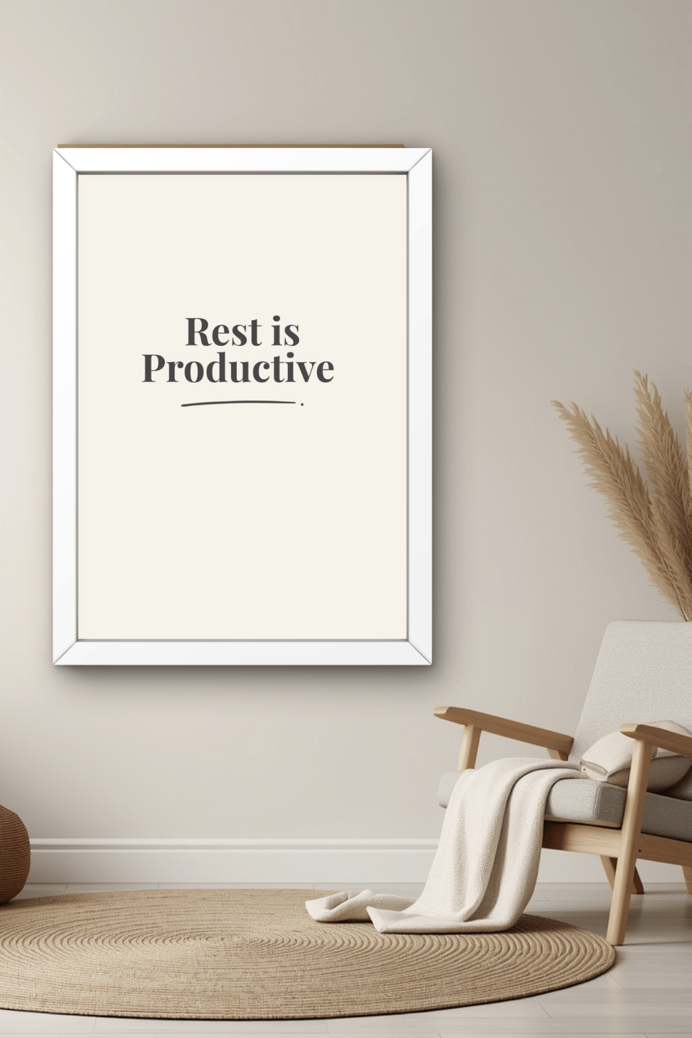 Minimalist affirmation wall art Rest is Productive in cozy neutral reading corner interior