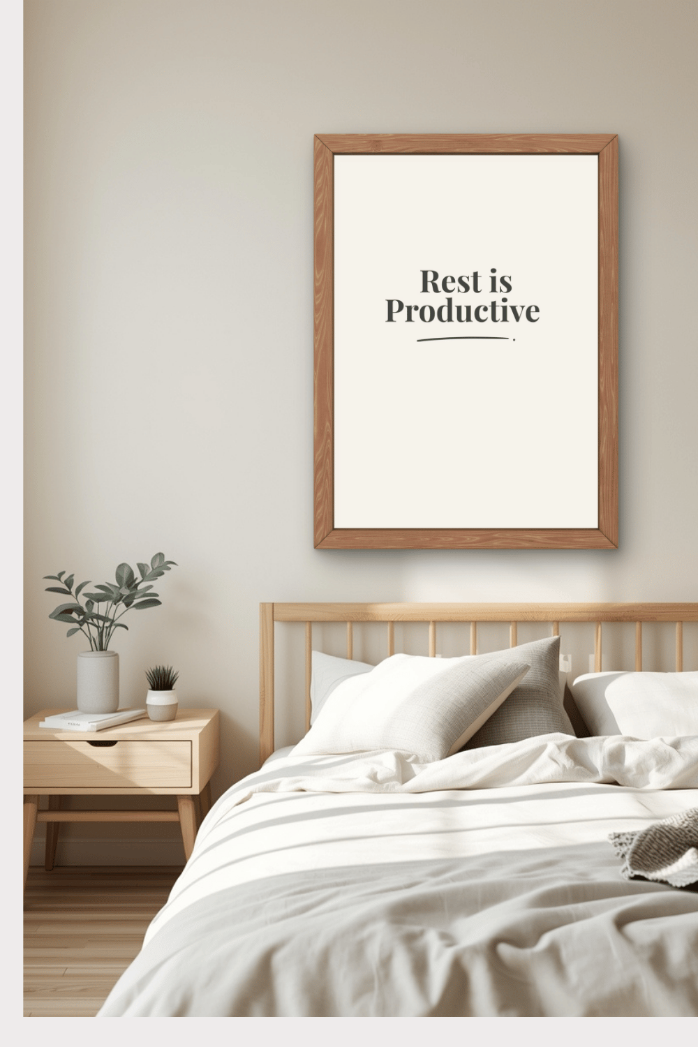 Charcoal printable quote wall art in a minimalist bedroom decor