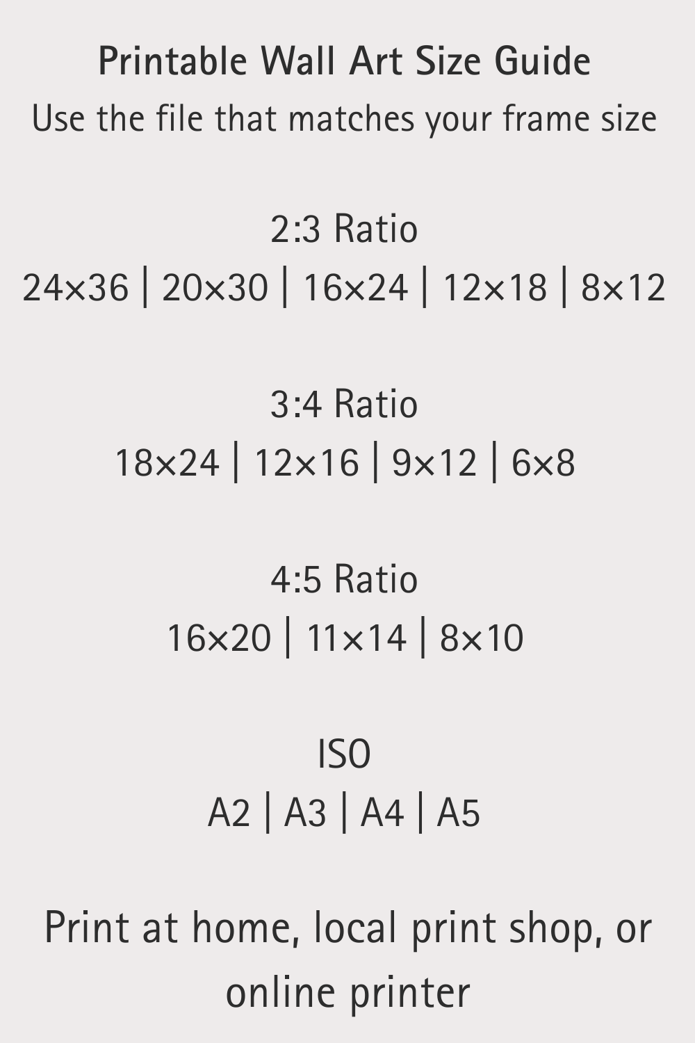Printable wall art size guide ratios and dimensions for digital download poster sizes