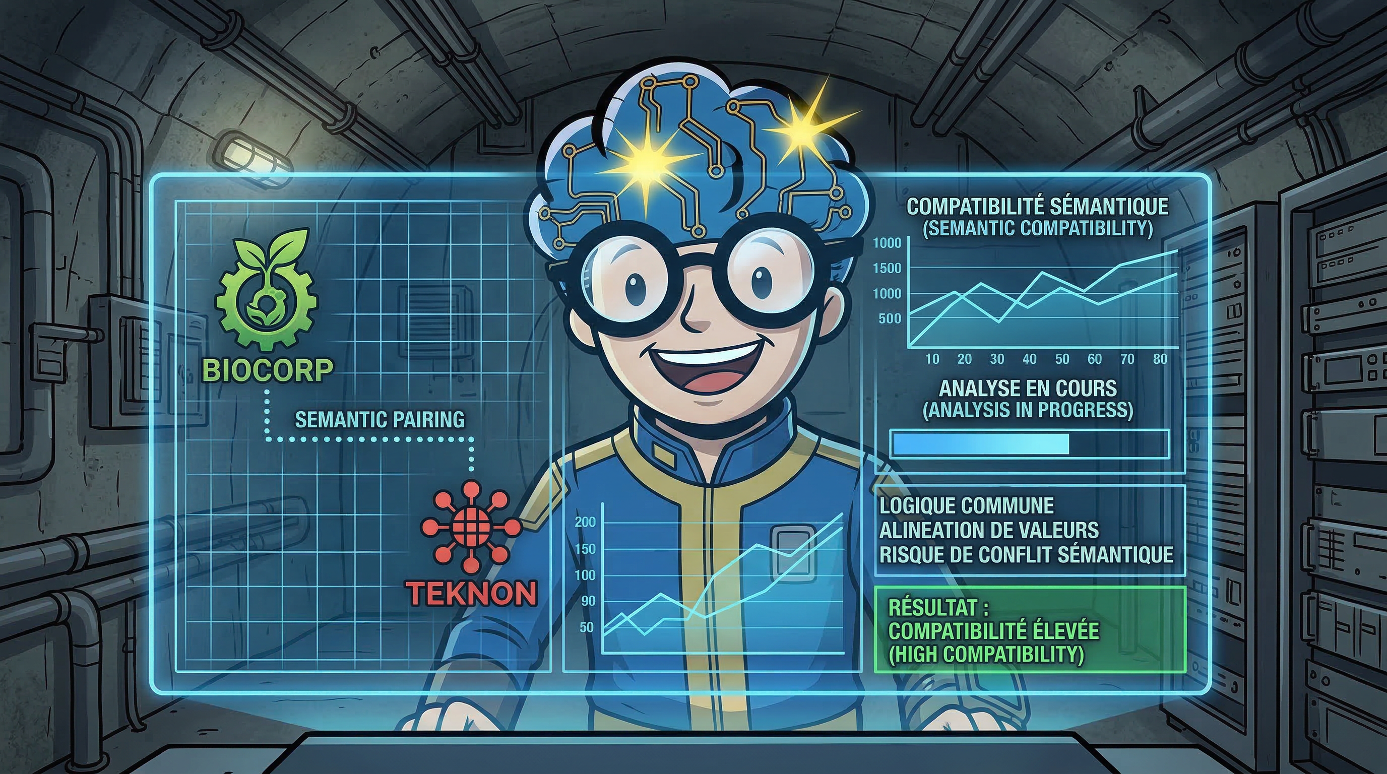 GMIND-BOY analysant la compatibilité sémantique des logos partenaires sur un écran holographique dans un bunker.