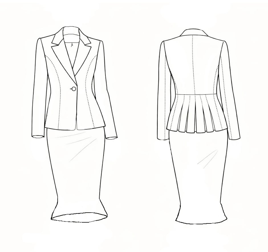Dessin technique du tailleur Queen Line — vue de face et de dos veste à peplum et jupe crayon patron PDF MUNA Patterns