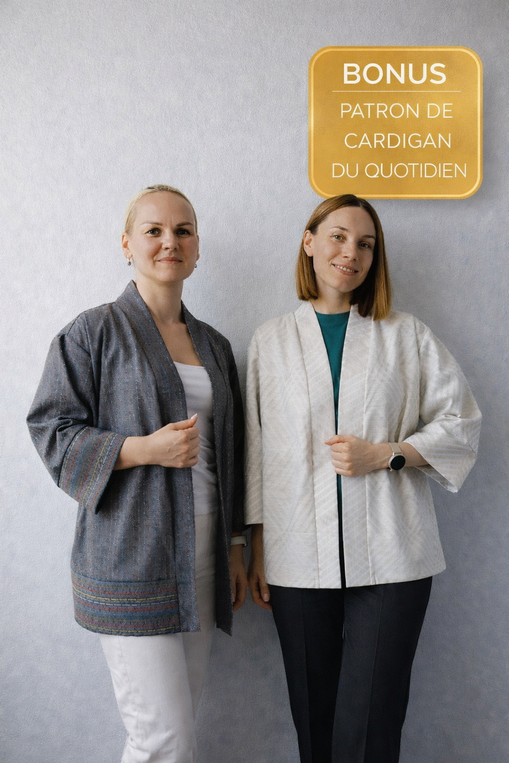 Deux femmes portant le cardigan Bliss cousu main en gris et ivoire — patron de couture PDF bonus par MUNA Patterns