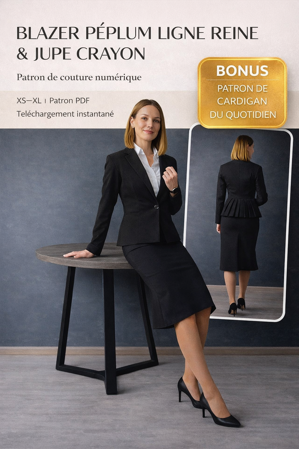 Patron de couture PDF ensemble tailleur Queen Line — blazer à peplum et jupe crayon sirène par MUNA Patterns tailles XS–XL