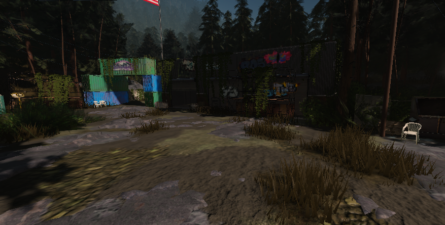 Wide combat street with cover positions in abandoned setting