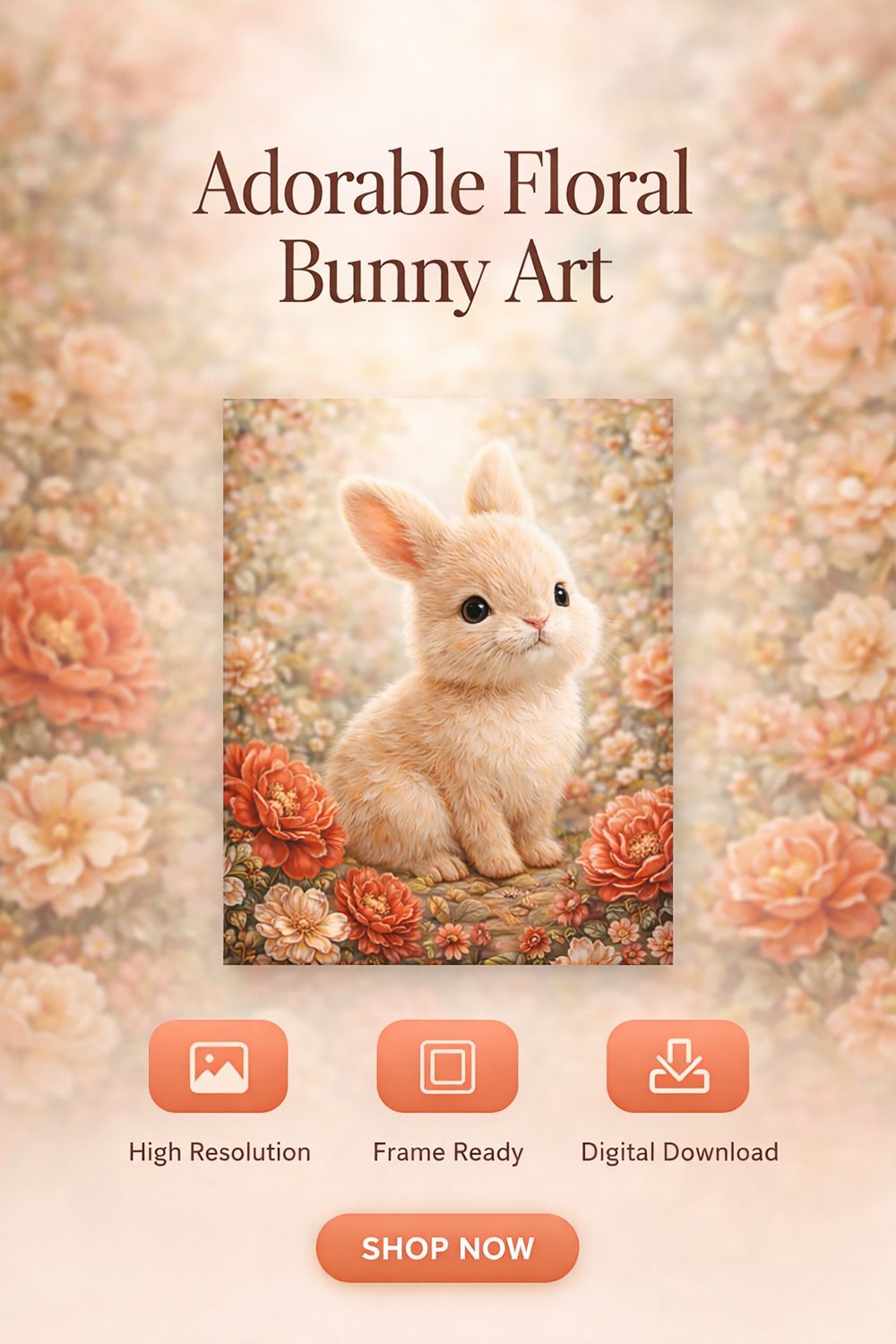 Floral bunny printable wall art collection showing nursery mockups, digital product display, file formats, and printable artwork presentation.