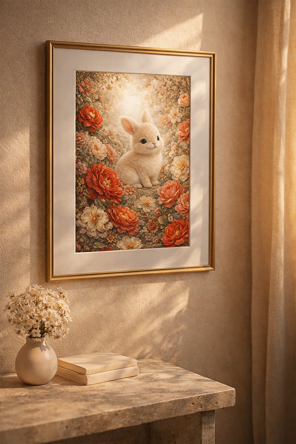 Floral bunny printable wall art collection showing nursery mockups, digital product display, file formats, and printable artwork presentation.