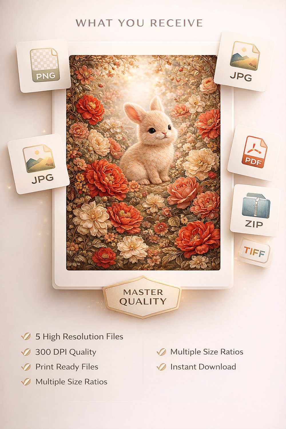 Floral bunny printable wall art collection showing nursery mockups, digital product display, file formats, and printable artwork presentation.