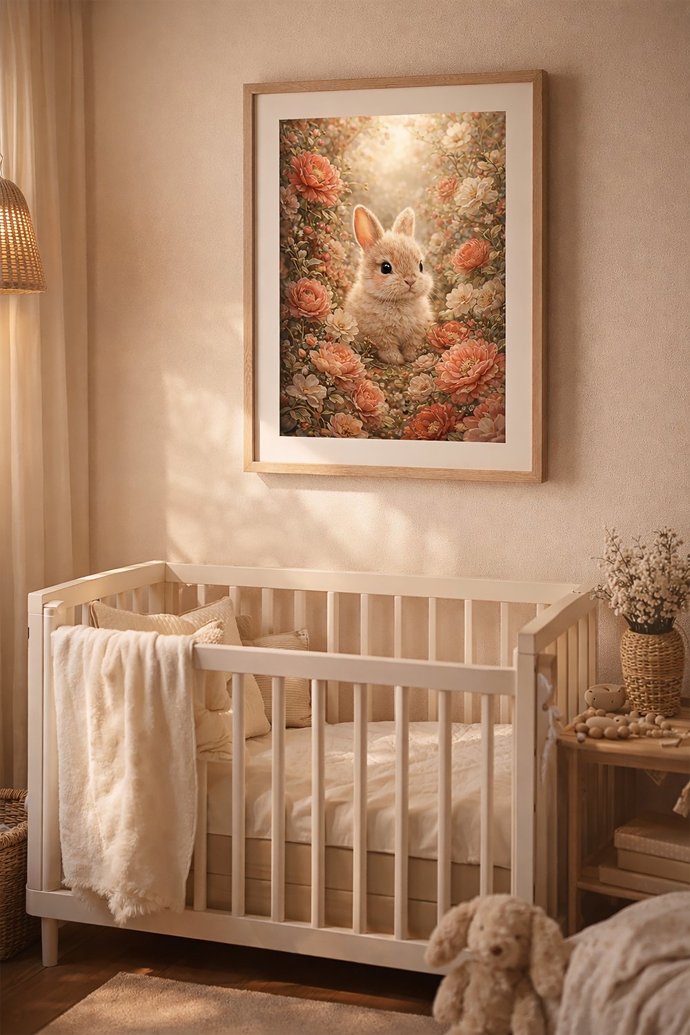Floral bunny printable wall art collection showing nursery mockups, digital product display, file formats, and printable artwork presentation.