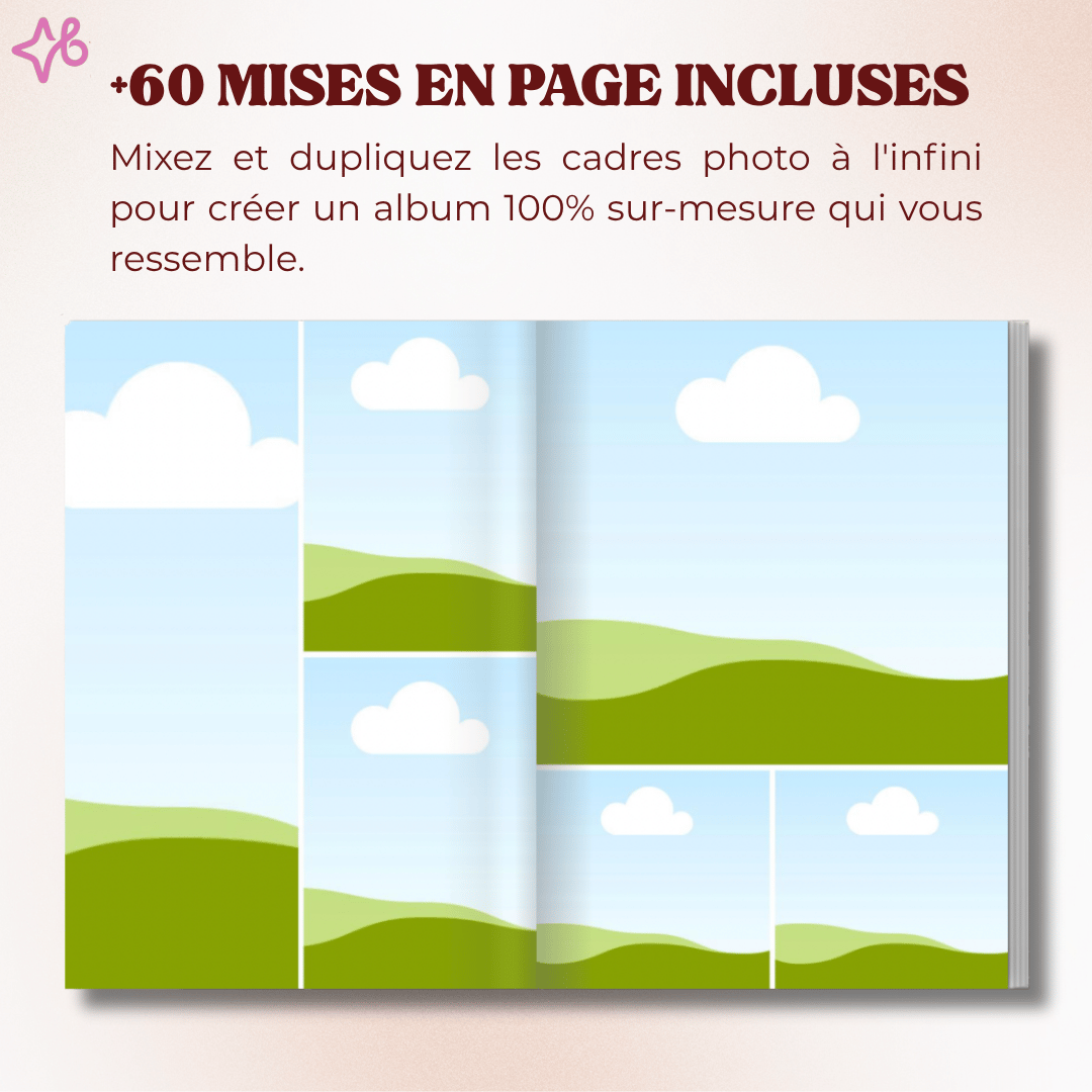 +60 mises en page incluses dans le template dalbum photo personnalisé. Visuel des pages intérieures ouvertes avec des cadres photo (grids) vierges à remplir. Album photo 100% sur-mesure.