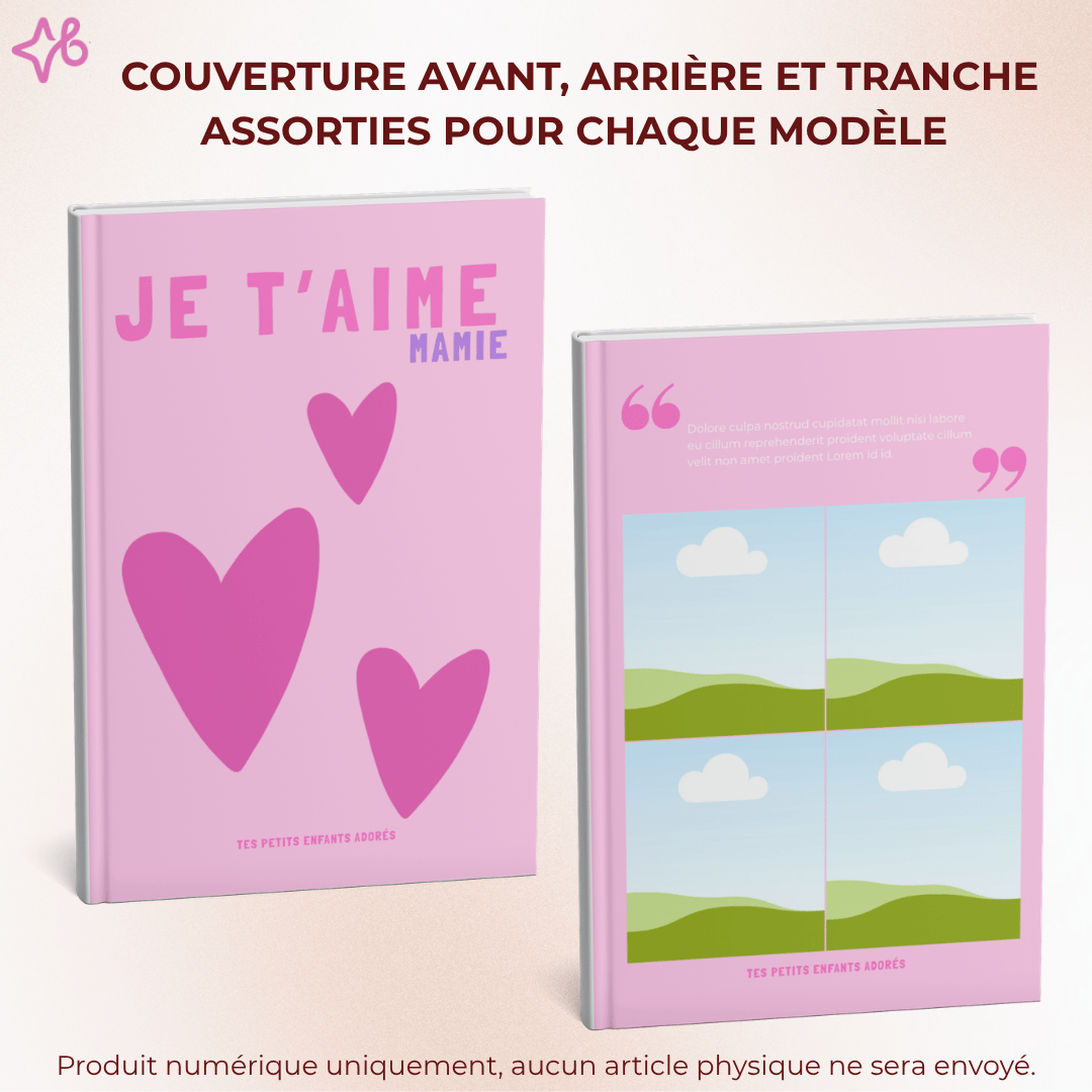 maquette (mockup) dun album photo personnalisé rose Je taime Mamie avec couvertures avant, arrière et tranche assorties. Idée cadeau personnalisé fête des grands-mères. Produit numérique à imprimer.