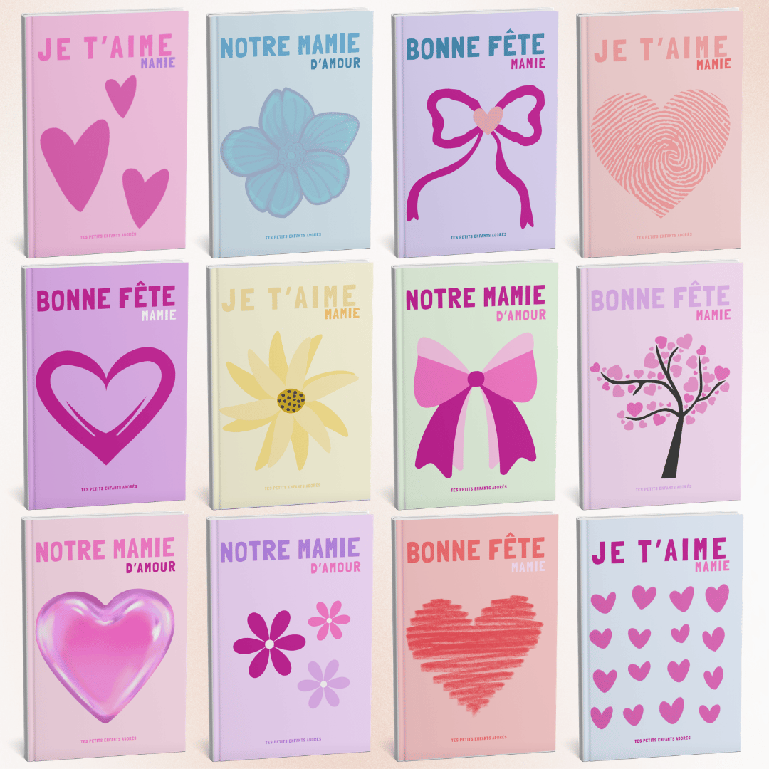 Collection Bylodie : Grille de 12 templates dalbums photos personnalisés pour grands-mères (Mamie). Différents designs colorés (rose, bleu, violet) avec cœurs, fleurs et nœuds. Choix varié de cadeaux personnalisés numériques.