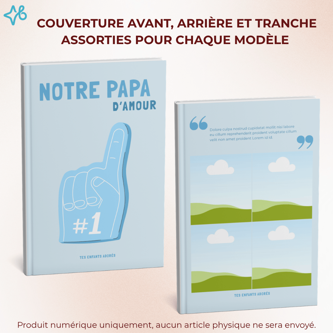 Vue détaillée de la couverture avant et arrière d'un album photo. Le dos inclut des emplacements pour photos et une zone de texte pour un message personnalisé.