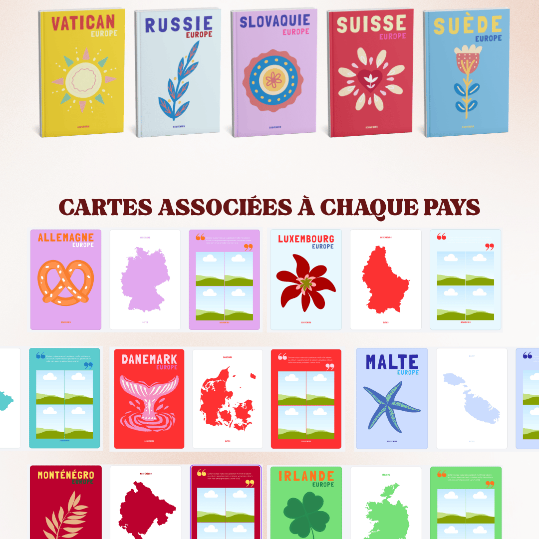 Exemples de pages intérieures associées à chaque pays, montrant des illustrations de cartes, de drapeaux et des mises en page photos pour lAllemagne, le Luxembourg et le Danemark.
