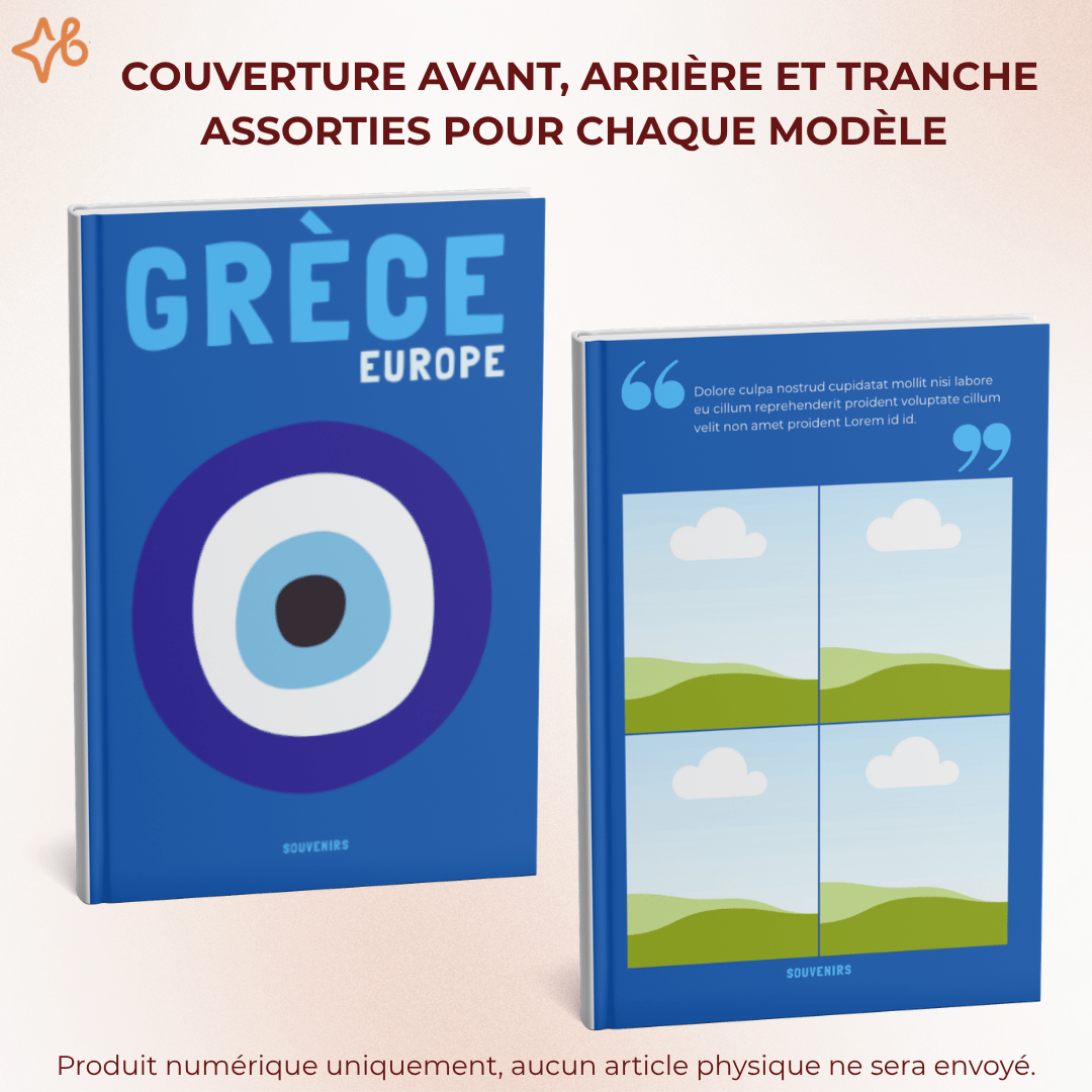 Vue détaillée de la couverture avant et arrière dun album photo Grèce, avec le titre Grèce Europe, une illustration dœil grec, et des mises en page photos au dos.
