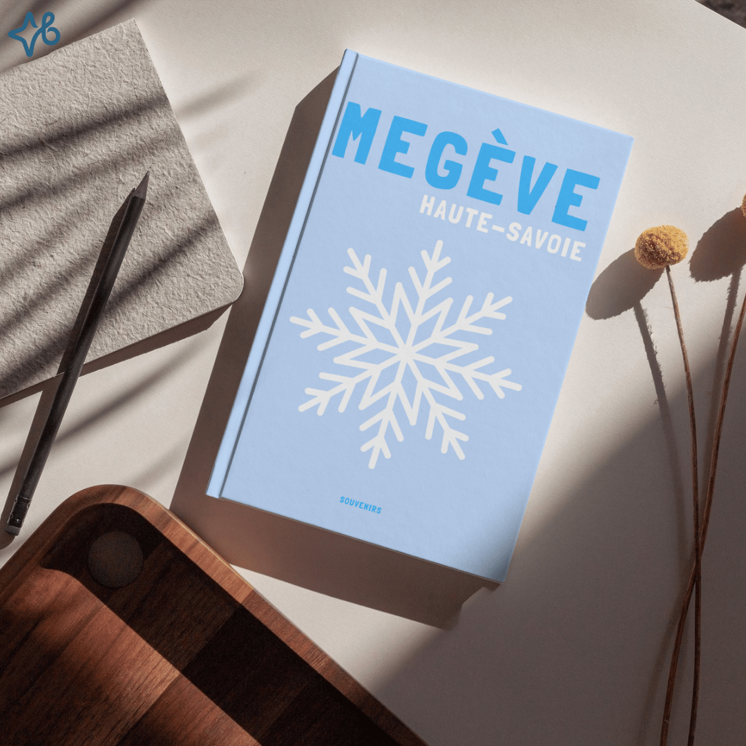 Album photo souvenir de ski 'Megève Haute-Savoie' fermé, avec une illustration de flocon de neige, posé sur un bureau stylisé.