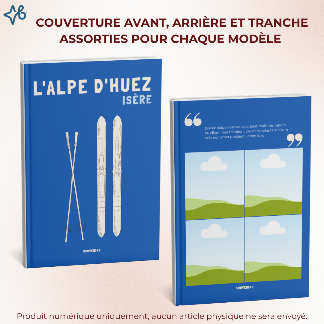 Vue rapprochée de la couverture avant (skis illustrés) et du dos (mises en page photos et texte de témoignage) d'un album photo L'Alpe d'Huez.