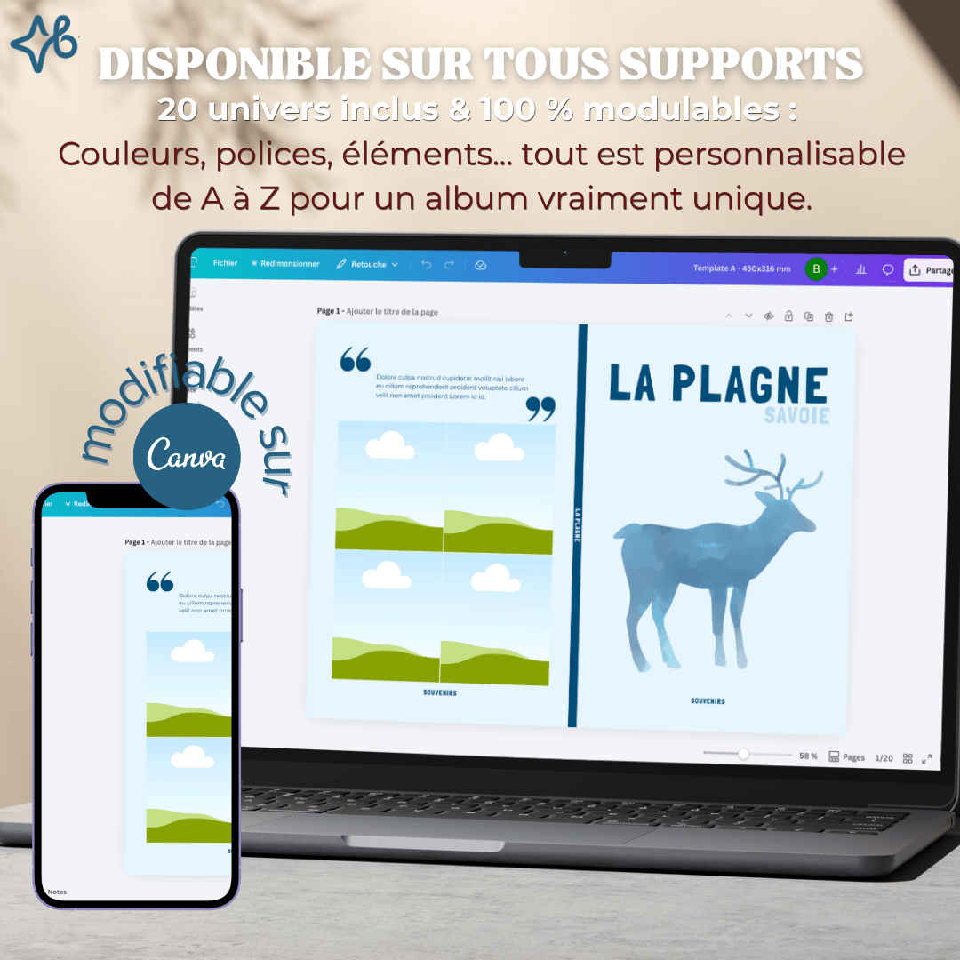 Démonstration de la personnalisation d'un album photo de ski Canva 'La Plagne' sur un ordinateur portable et un smartphone, montrant l'interface d'édition.