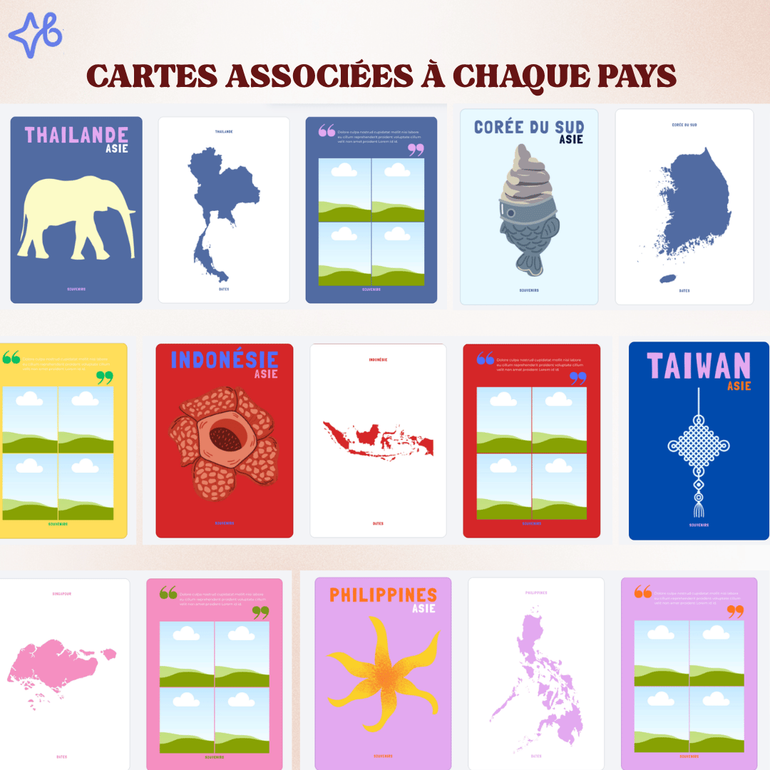 Exemples de pages intérieures Canva montrant des illustrations de cartes géographiques et drapeaux pour le Japon, la Thaïlande et le Vietnam.