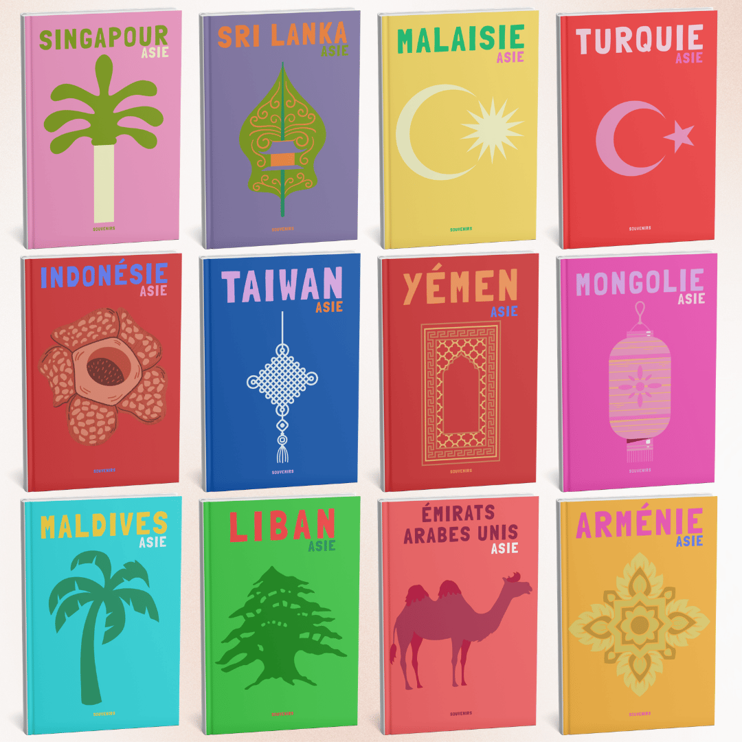 Sélection de couvertures d'albums pour des destinations asiatiques : Laos, Malaisie, Mongolie, Népal et Philippines, aux couleurs pastels et designs épurés.