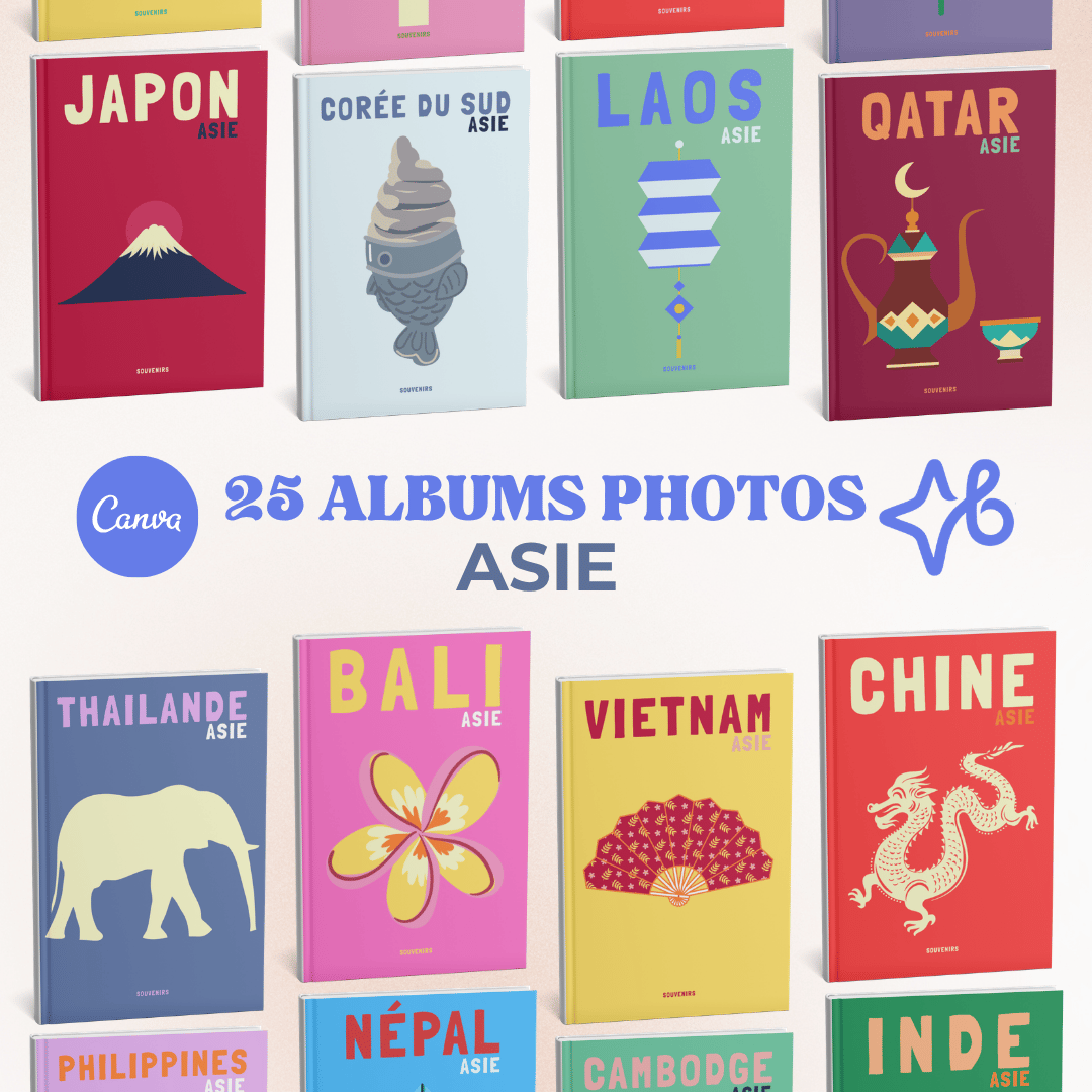 Collection de 25 couvertures d'albums photos souvenirs pour l'Asie avec logo Canva. Modèles illustrés pour le Japon, la Thaïlande, Bali et la Chine.
