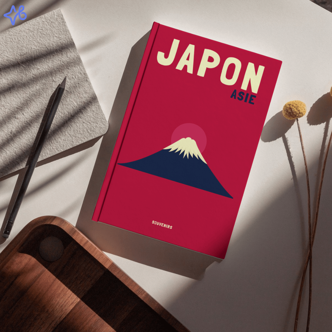 Album photo physique Japon avec une illustration de soleil, posé sur un bureau avec un crayon et un carnet.