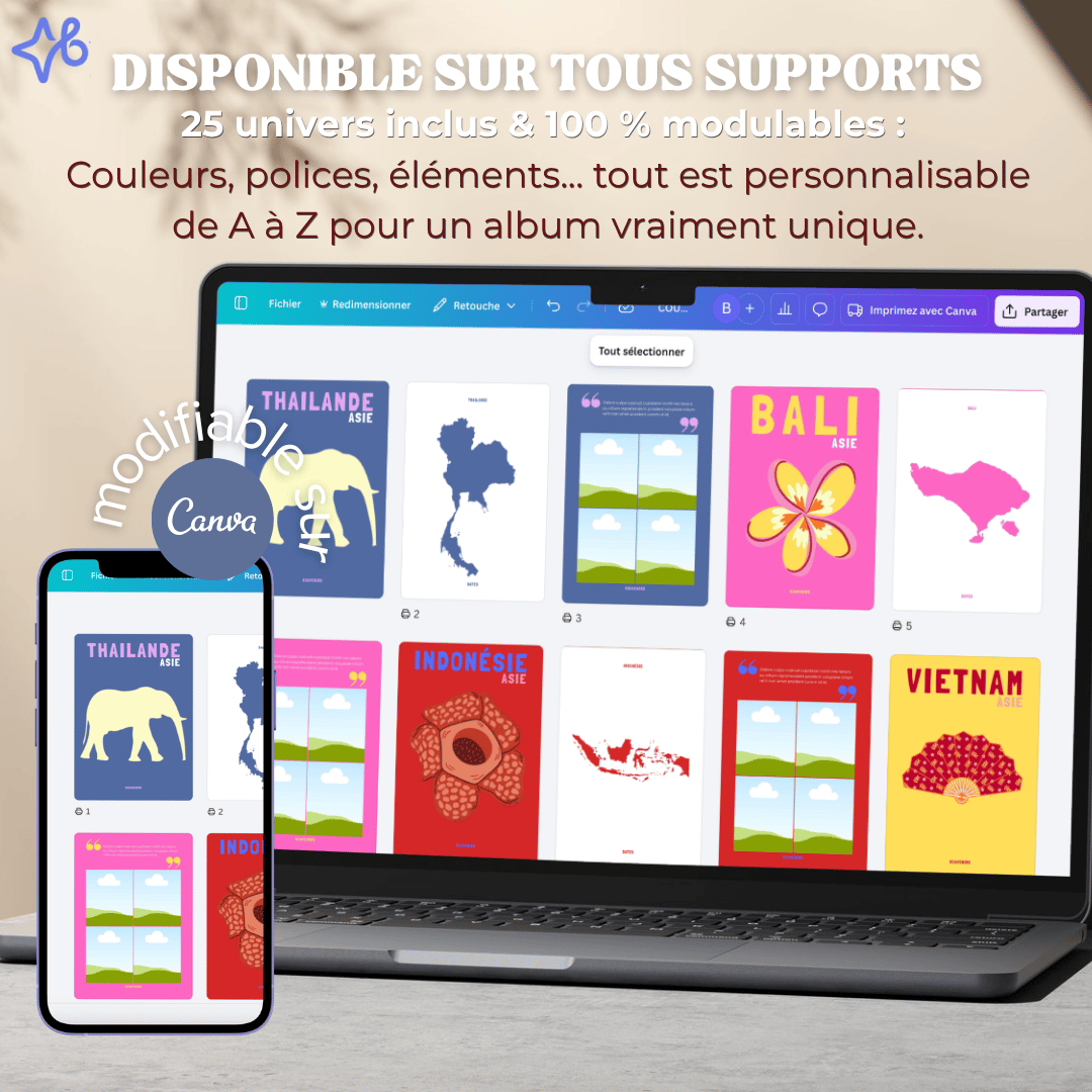 Logiciel de création Canva ouvert sur ordinateur et smartphone montrant l'édition simple de l'album photo 'Japon' avec glisser-déposer de photos.