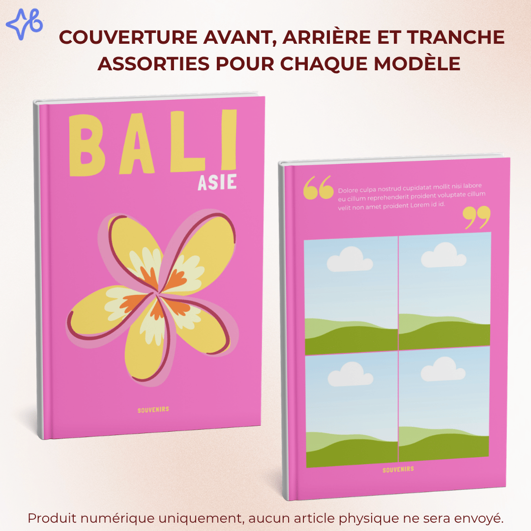Détail du modèle 'Bali' : couverture avant avec illustration de temple et dos assorti avec emplacements photos et zone de texte personnalisable.