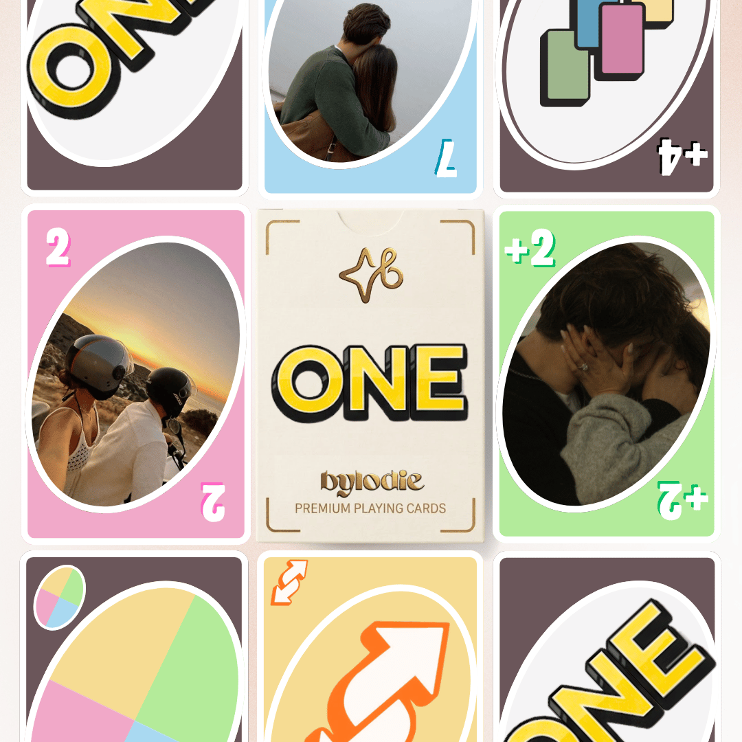 Template de jeu de cartes personnalisé Bylodie avec photos de couple et design coloré.