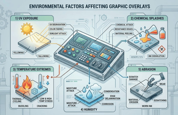 Environmental factors like UV, chemicals, and temperature affect graphic overlays.