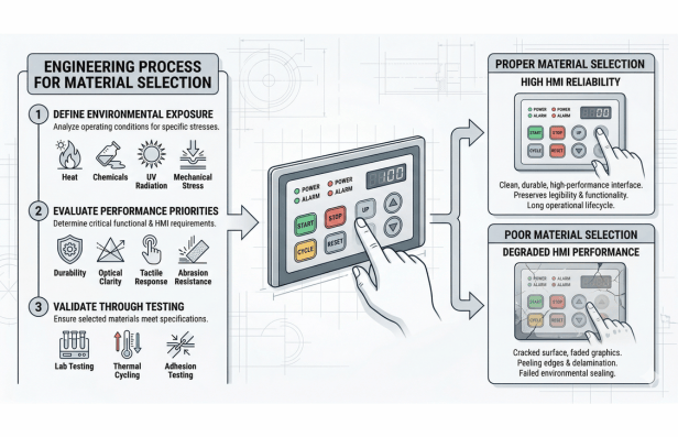 Engineering process for selecting graphic overlay materials and impact on HMI reliability.