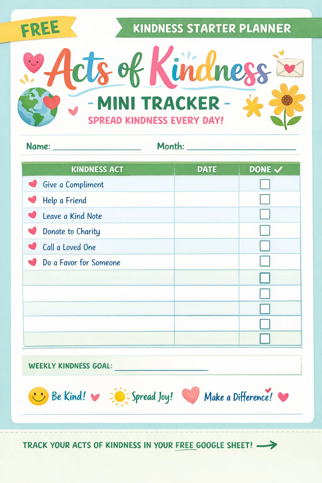 Colorful Acts of Kindness Mini Tracker cover with daily kindness act suggestions, checkboxes, and a weekly kindness goal section for mindfulness.